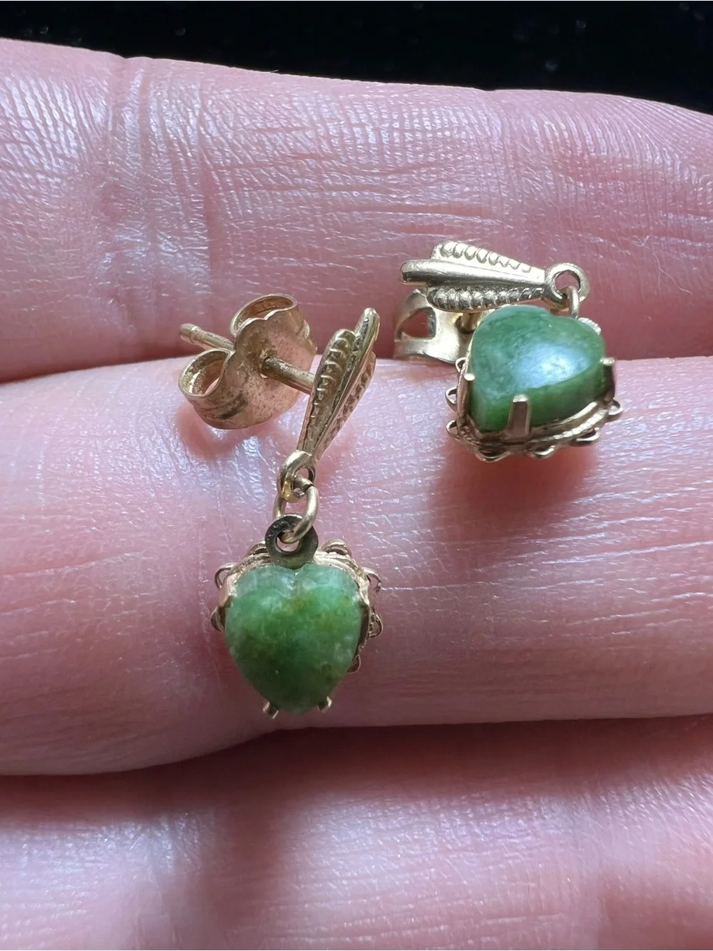 Vintage 14k Gold Heart Jade Drop Earrings